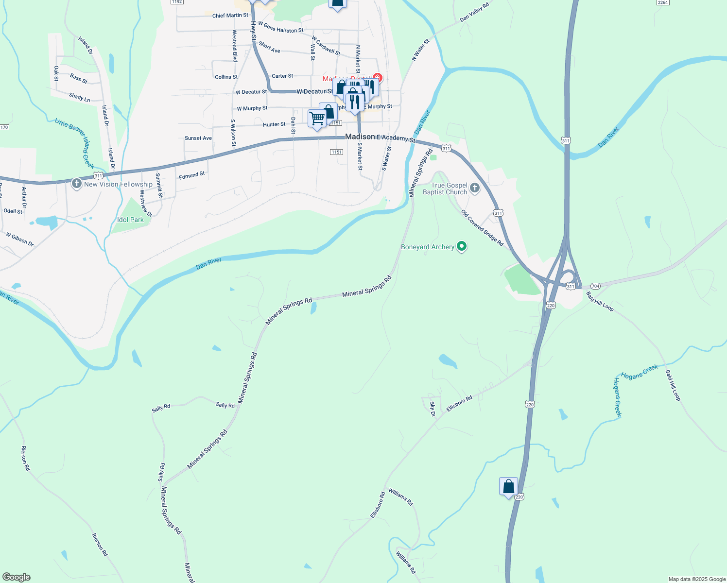 map of restaurants, bars, coffee shops, grocery stores, and more near Mineral Springs Road in Madison