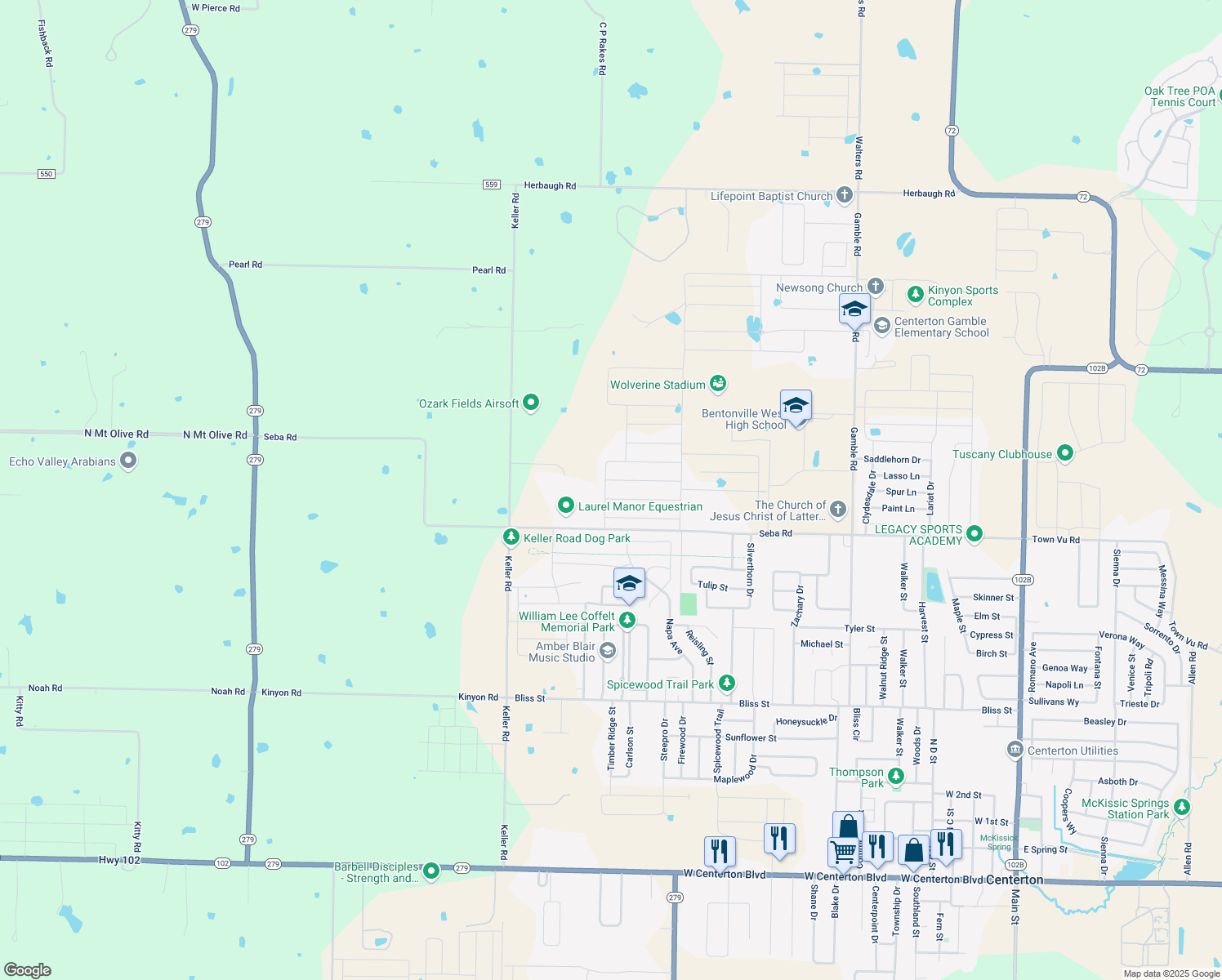 map of restaurants, bars, coffee shops, grocery stores, and more near 1210 Hope Street in Centerton