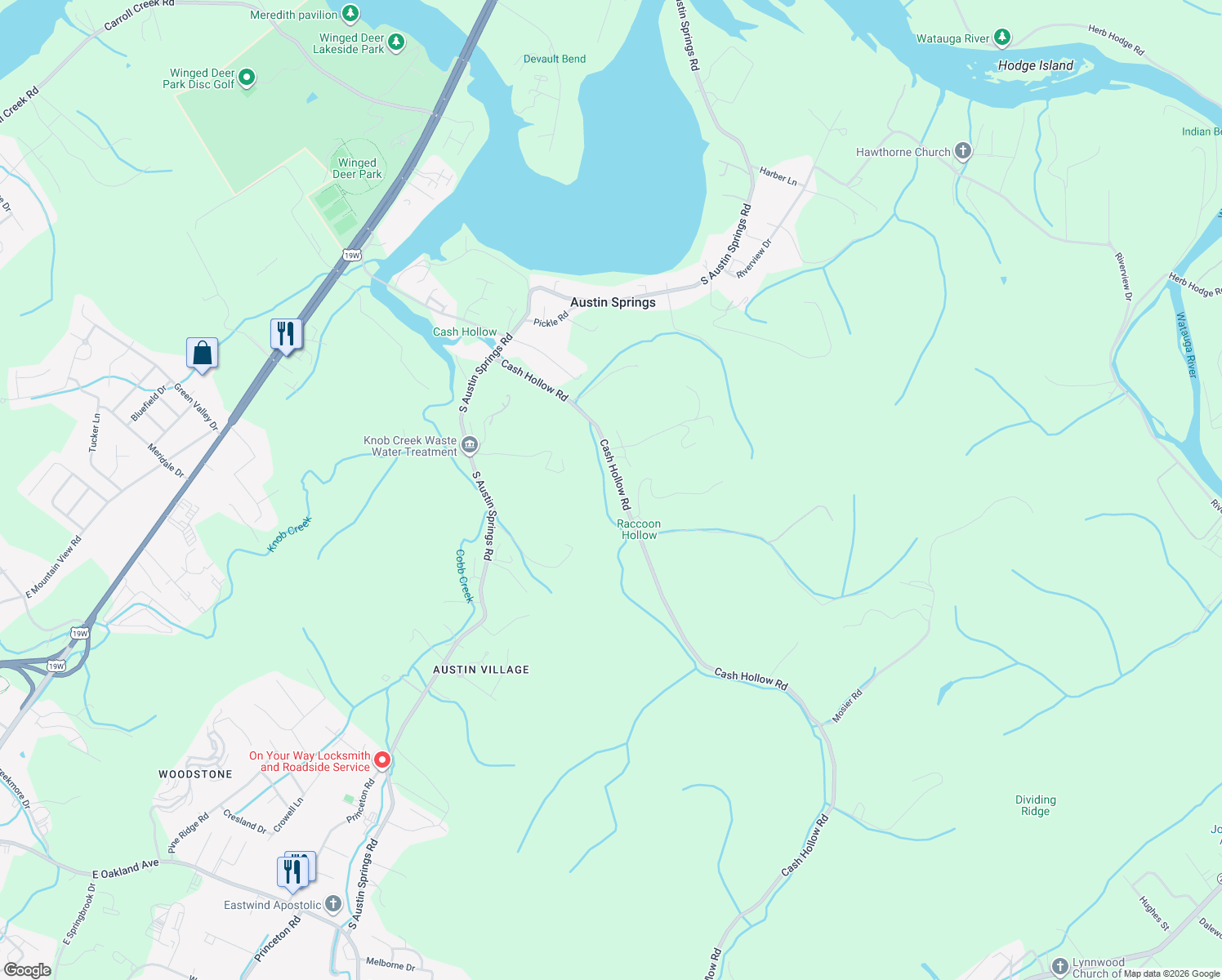 map of restaurants, bars, coffee shops, grocery stores, and more near 628 Cash Hollow Road in Johnson City
