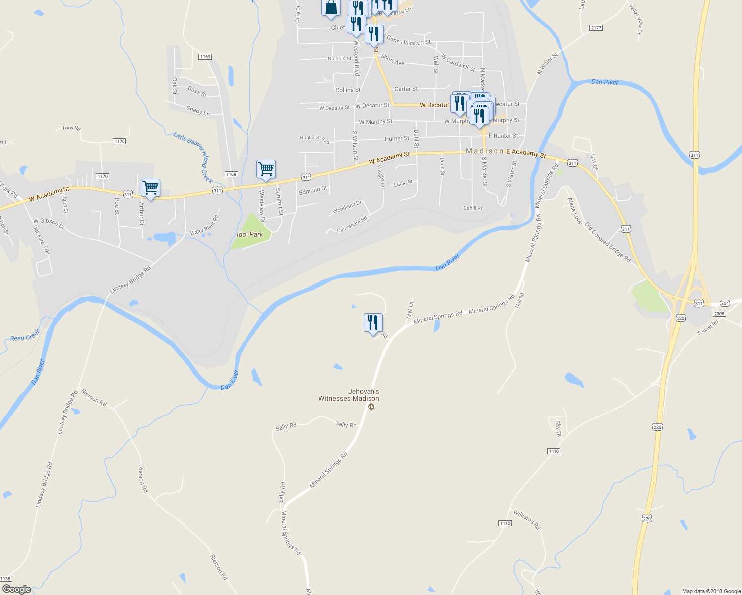 map of restaurants, bars, coffee shops, grocery stores, and more near 246 Dolly Road in Madison