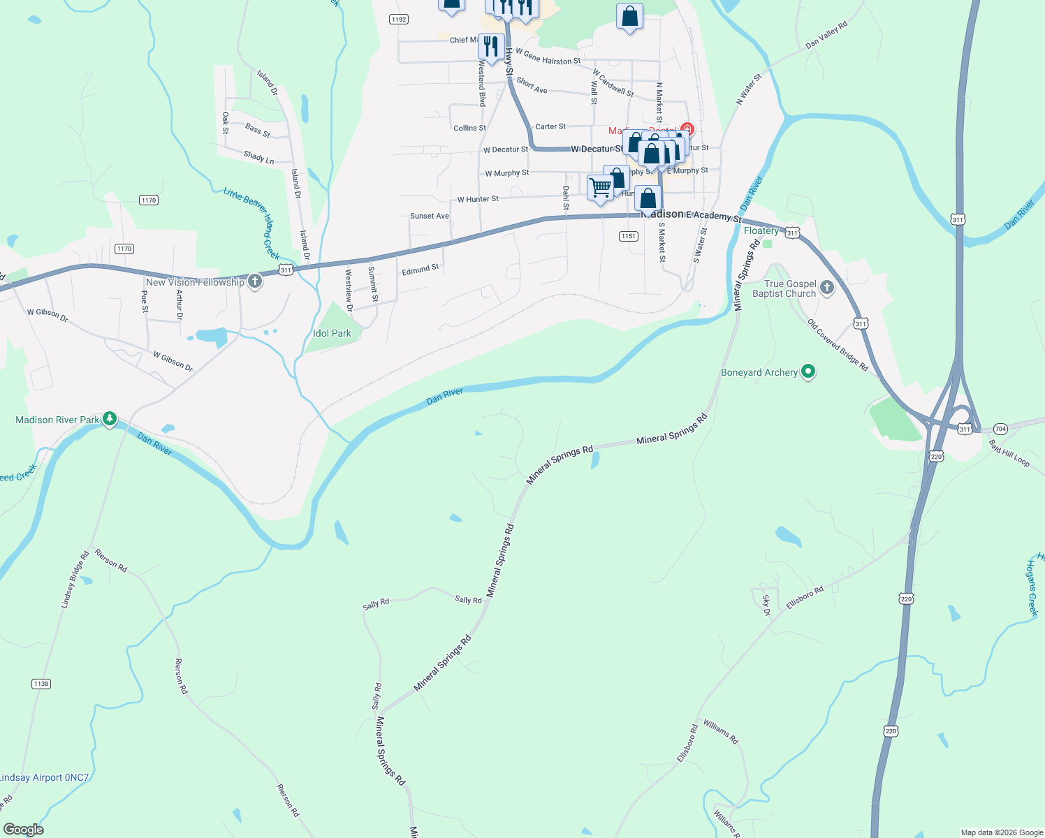 map of restaurants, bars, coffee shops, grocery stores, and more near 221 Dolly Road in Madison
