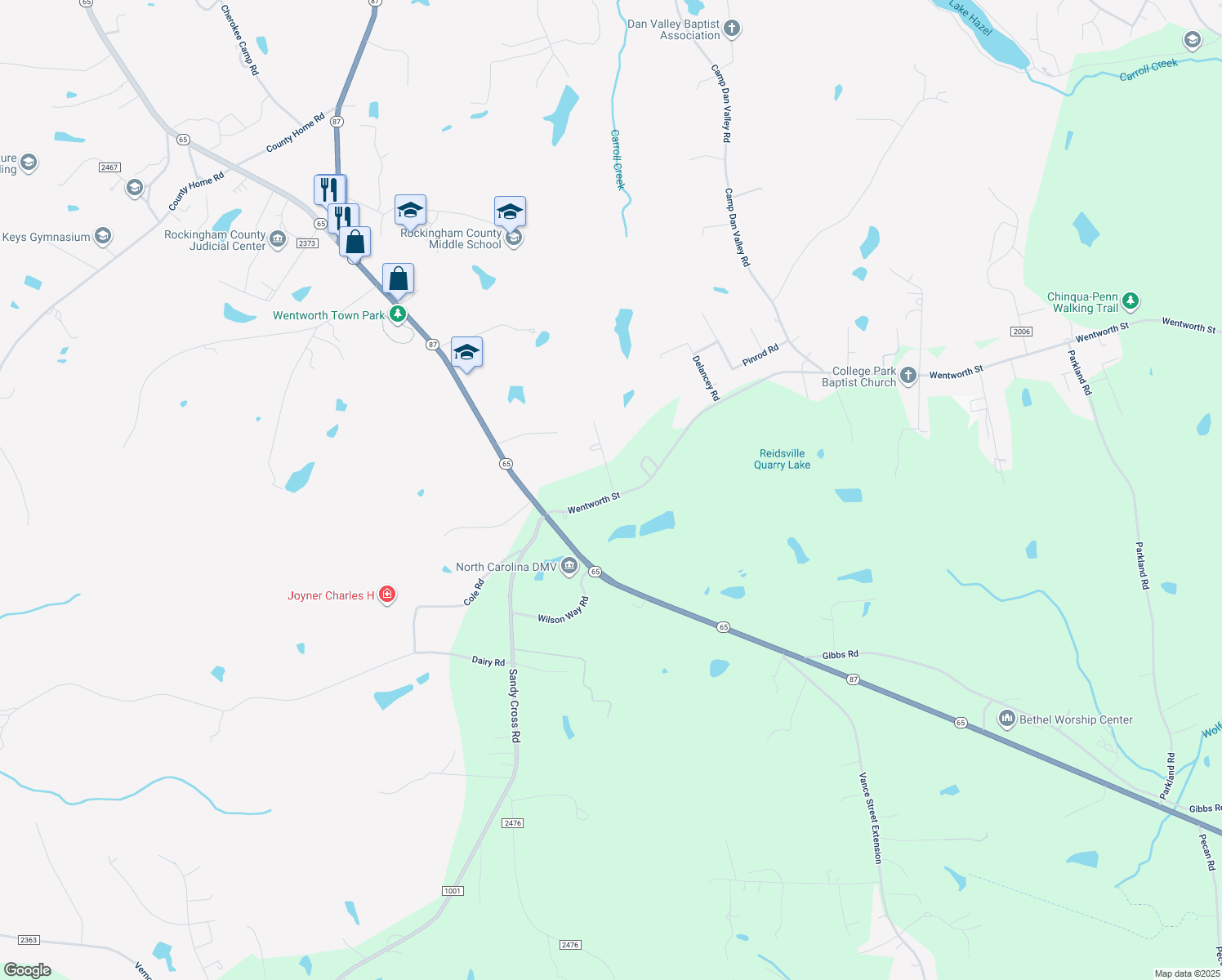map of restaurants, bars, coffee shops, grocery stores, and more near 108 Sunflower Road in Reidsville