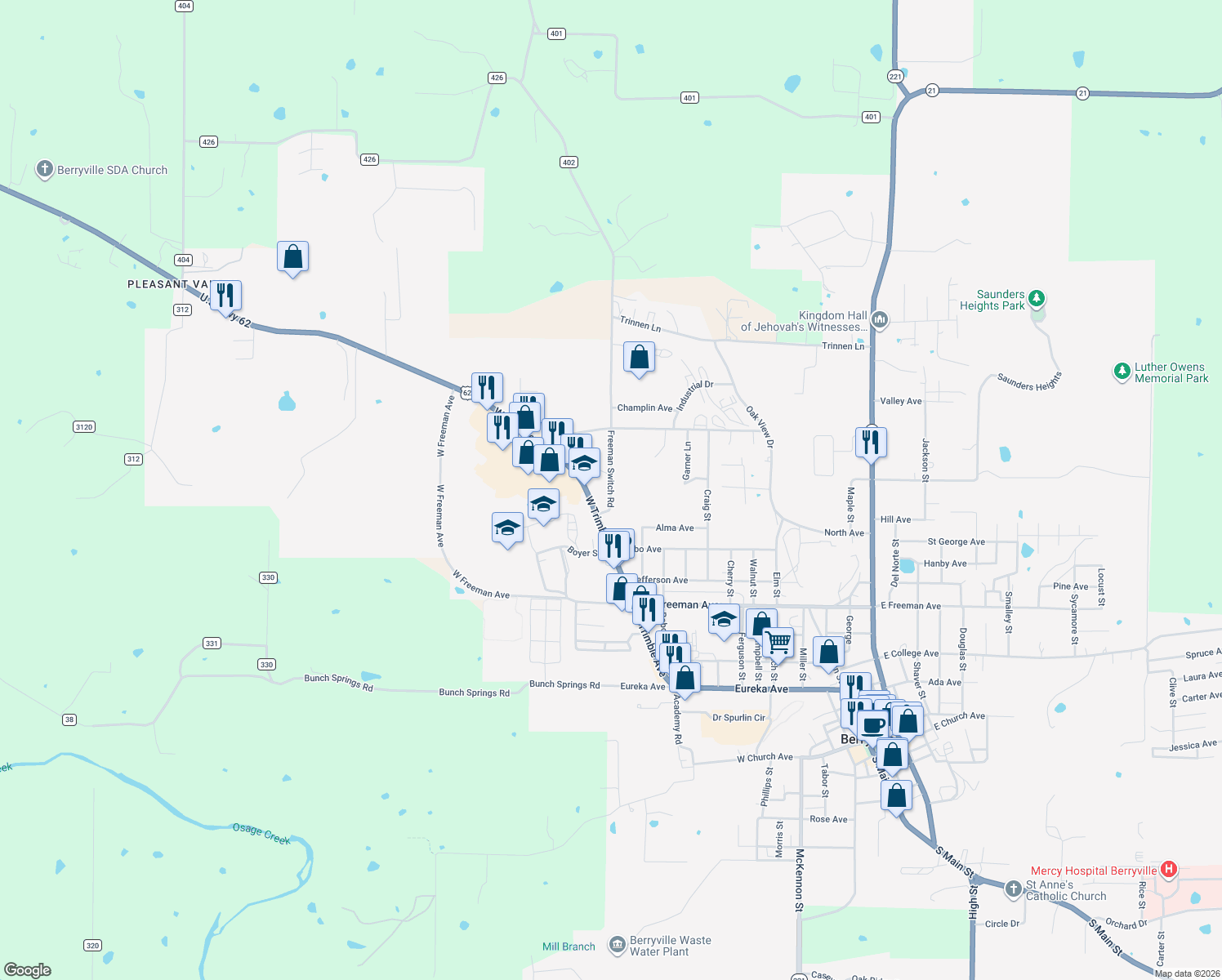 map of restaurants, bars, coffee shops, grocery stores, and more near 913 Freeman Switch Road in Berryville