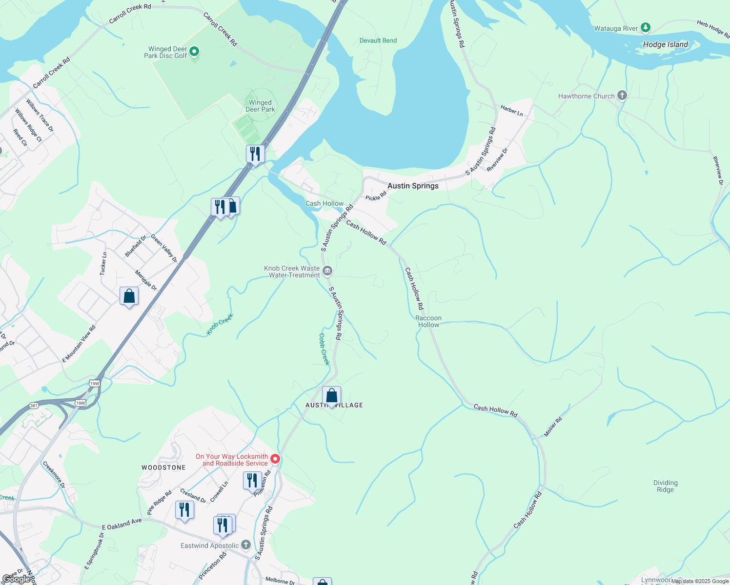 map of restaurants, bars, coffee shops, grocery stores, and more near 325 Raccoon Ridge Lane in Johnson City