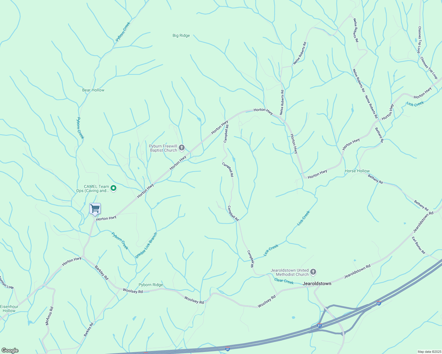 map of restaurants, bars, coffee shops, grocery stores, and more near 510 Campbell Road in Greeneville