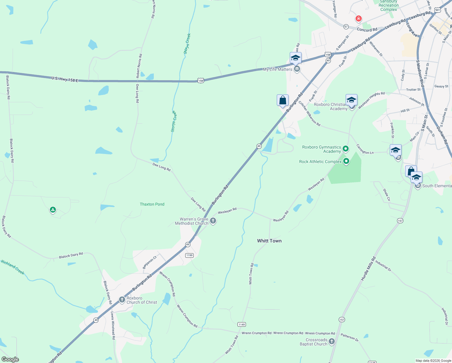 map of restaurants, bars, coffee shops, grocery stores, and more near 1308 Burlington Road in Roxboro