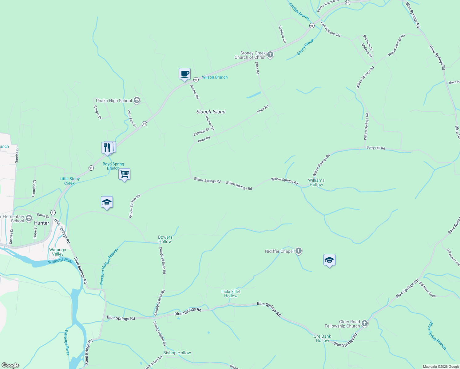 map of restaurants, bars, coffee shops, grocery stores, and more near 426 Willow Springs Road in Elizabethton
