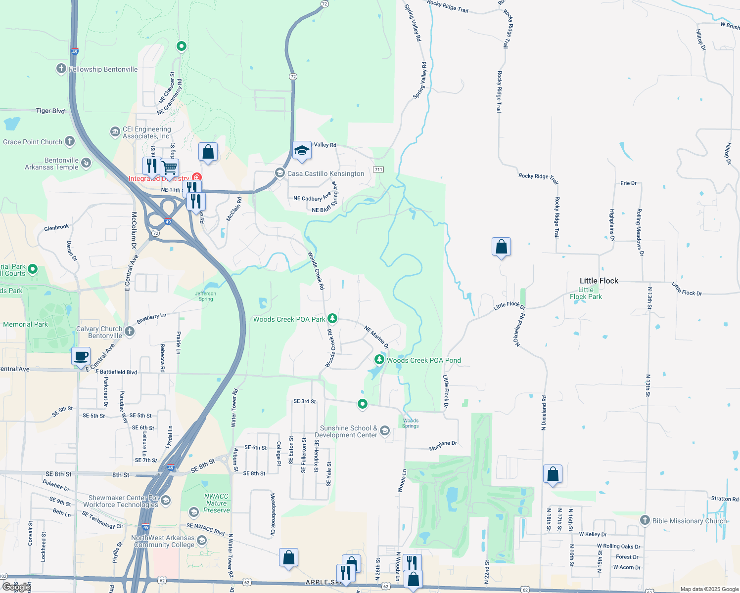 map of restaurants, bars, coffee shops, grocery stores, and more near 4505 Northeast Birchgrove Place in Bentonville
