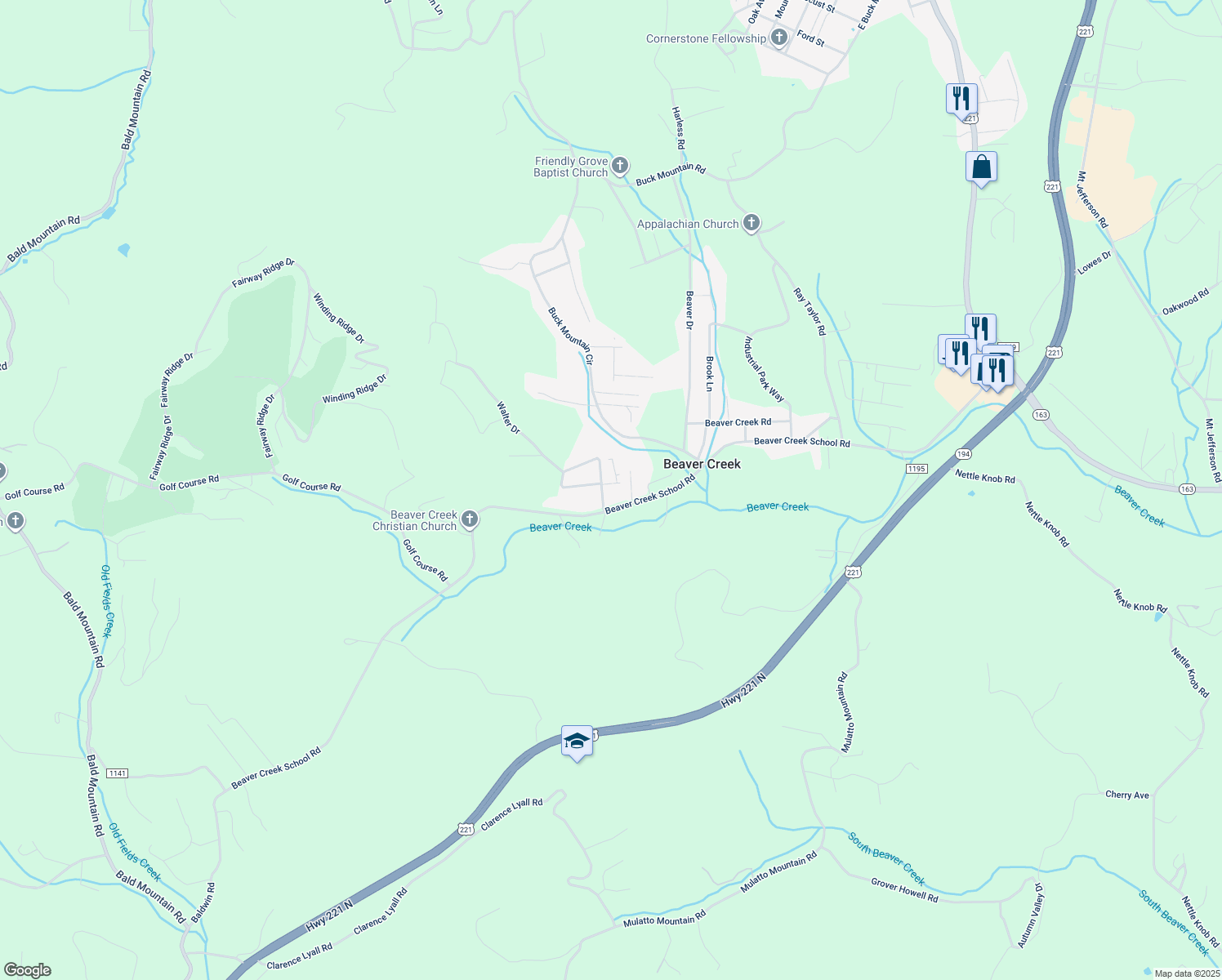 map of restaurants, bars, coffee shops, grocery stores, and more near 160 Rayfield Acres Drive in West Jefferson