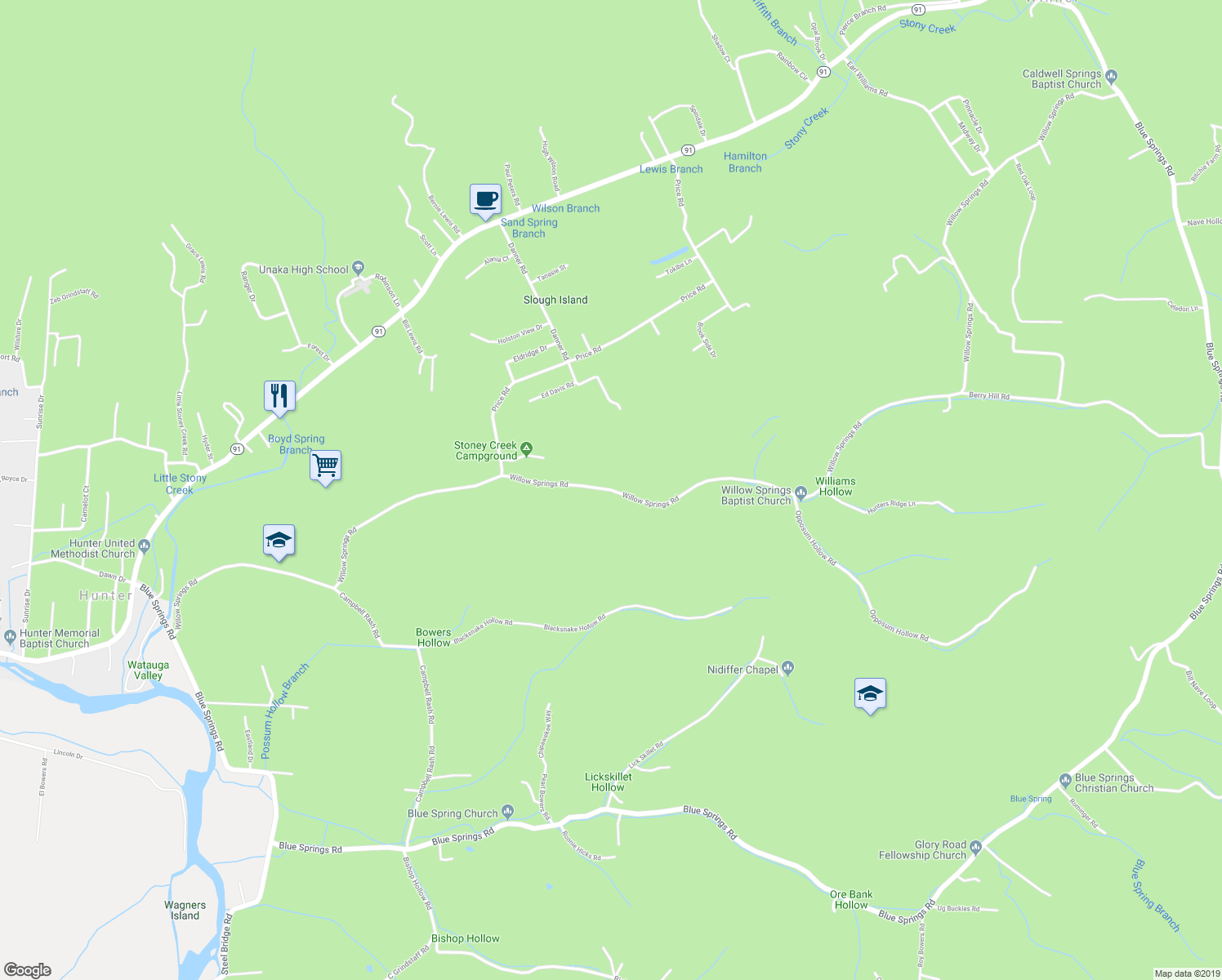 map of restaurants, bars, coffee shops, grocery stores, and more near 519 Willow Springs Road in Elizabethton