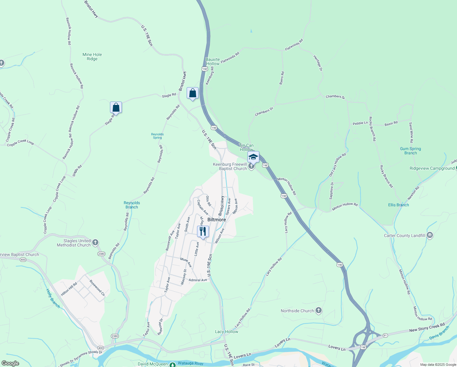 map of restaurants, bars, coffee shops, grocery stores, and more near 1292 Bristol Hwy in Elizabethton
