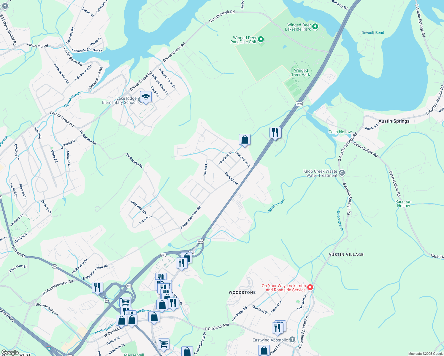 map of restaurants, bars, coffee shops, grocery stores, and more near 4 Windsor Ct in Johnson City