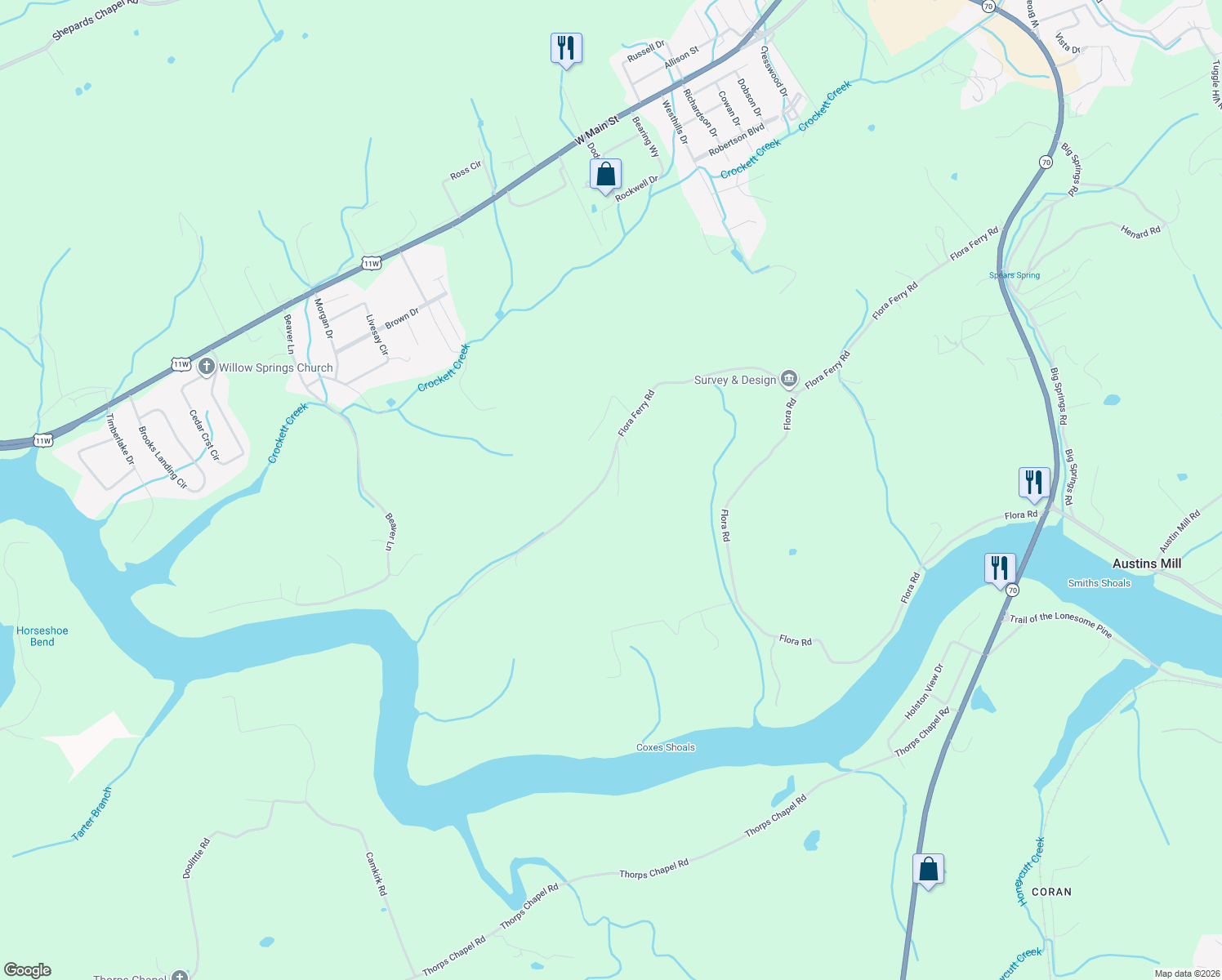 map of restaurants, bars, coffee shops, grocery stores, and more near 416-568 Flora Ferry Rd in Rogersville