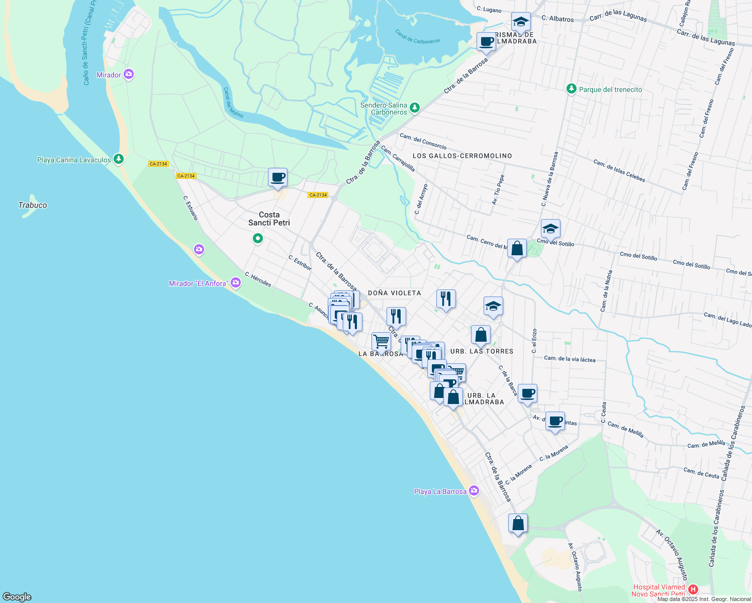 map of restaurants, bars, coffee shops, grocery stores, and more near 30 Avenida del Pacífico in Chiclana de la Frontera