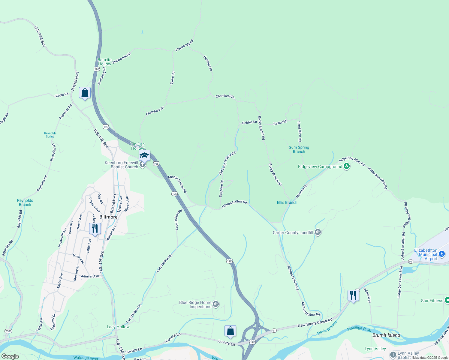 map of restaurants, bars, coffee shops, grocery stores, and more near 130 Emerald Point in Elizabethton