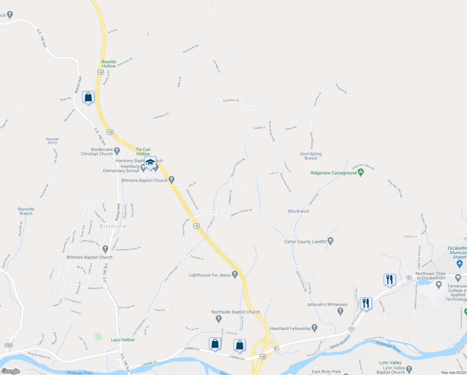 map of restaurants, bars, coffee shops, grocery stores, and more near 130 Emerald Point in Elizabethton