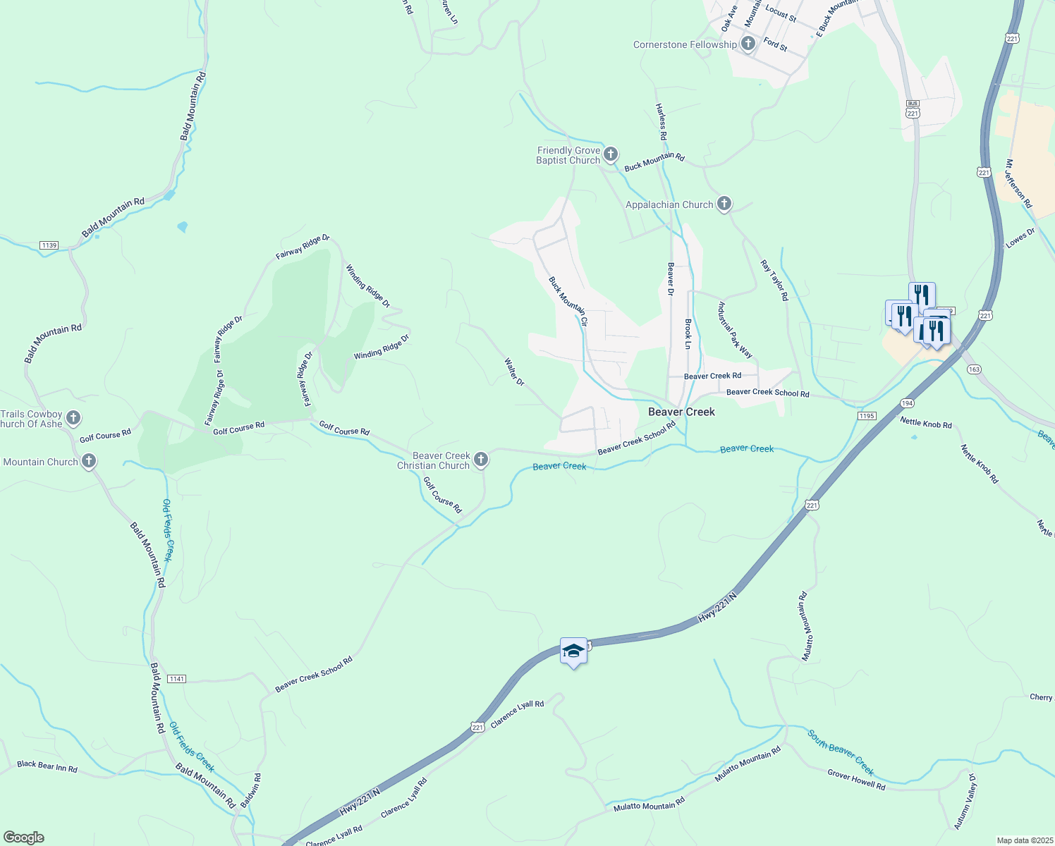 map of restaurants, bars, coffee shops, grocery stores, and more near 132 Ridge Crest Circle in West Jefferson