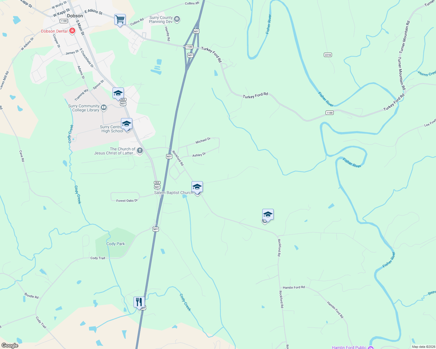 map of restaurants, bars, coffee shops, grocery stores, and more near 194 Arthur Haney Road in Dobson