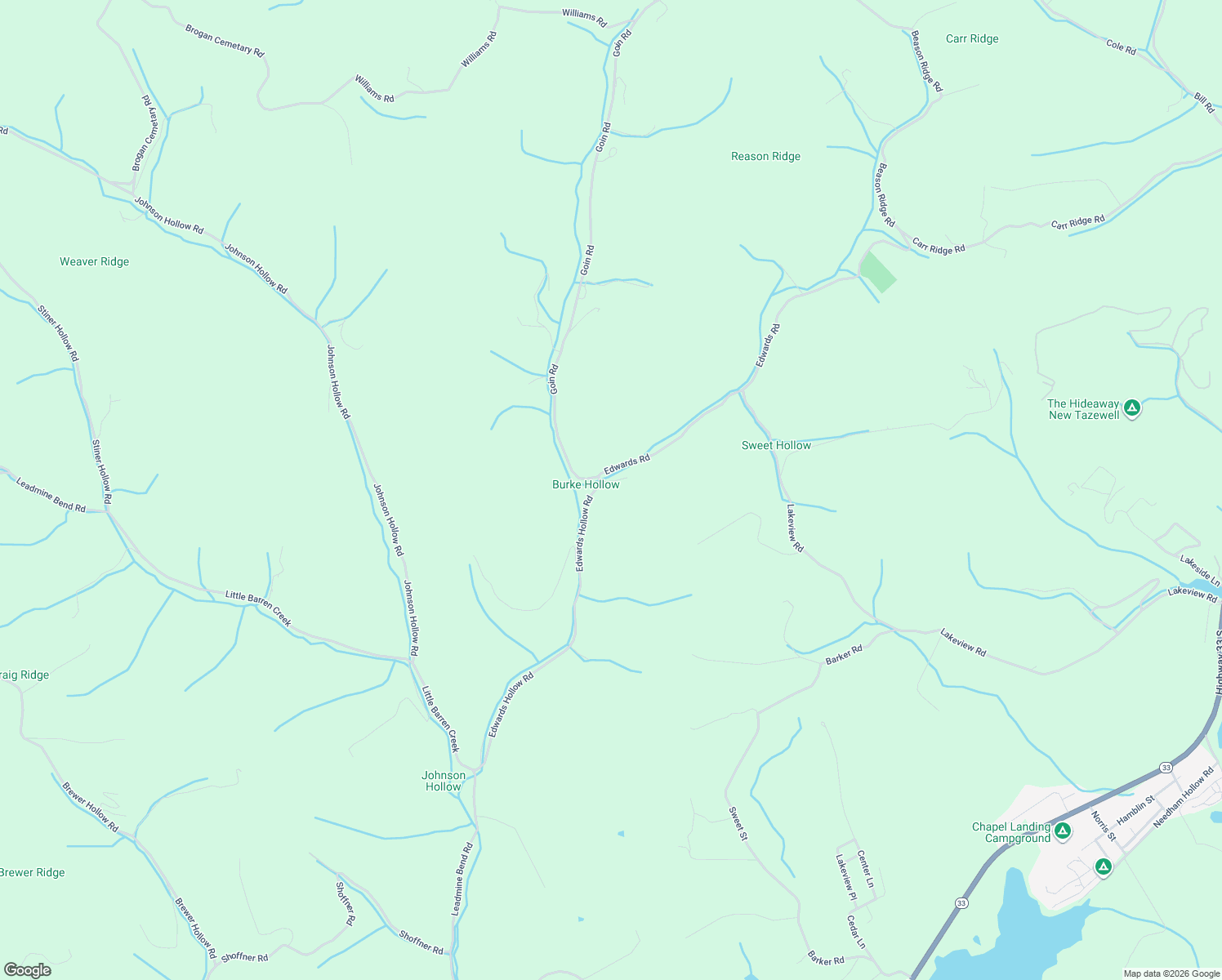 map of restaurants, bars, coffee shops, grocery stores, and more near 280 Edwards Hollow Road in New Tazewell
