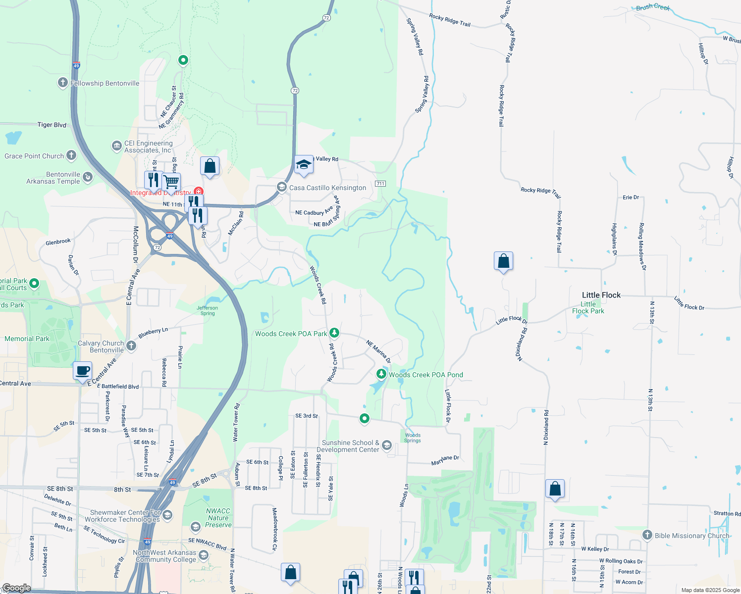 map of restaurants, bars, coffee shops, grocery stores, and more near 4505 Northeast Birchgrove Place in Bentonville