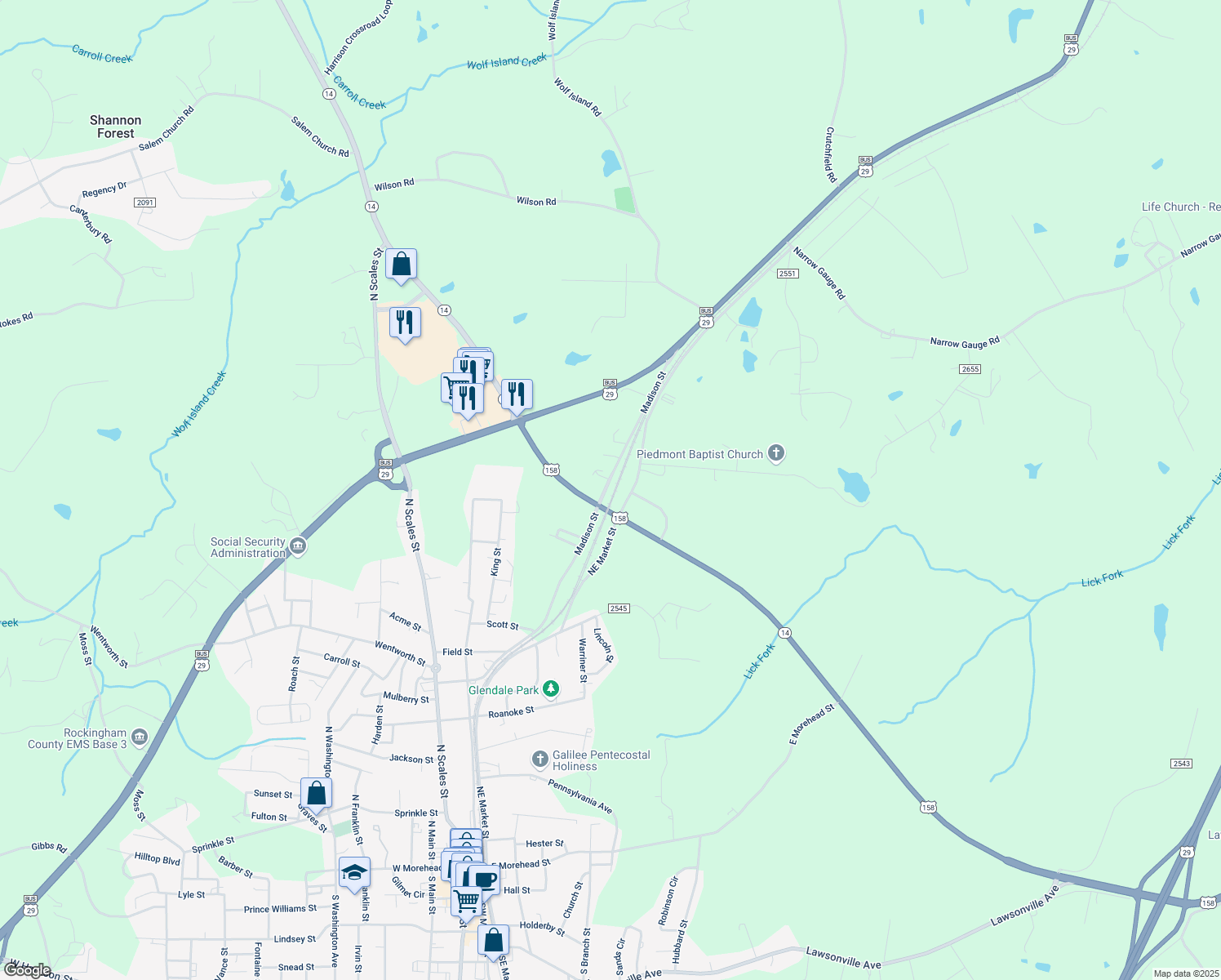 map of restaurants, bars, coffee shops, grocery stores, and more near 501 Madison Street in Reidsville