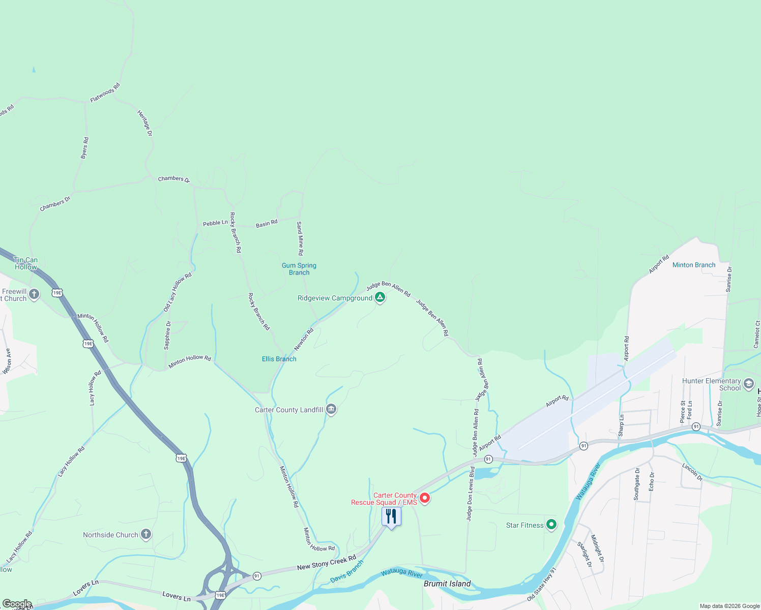 map of restaurants, bars, coffee shops, grocery stores, and more near 303 Judge Ben Allen Road in Elizabethton