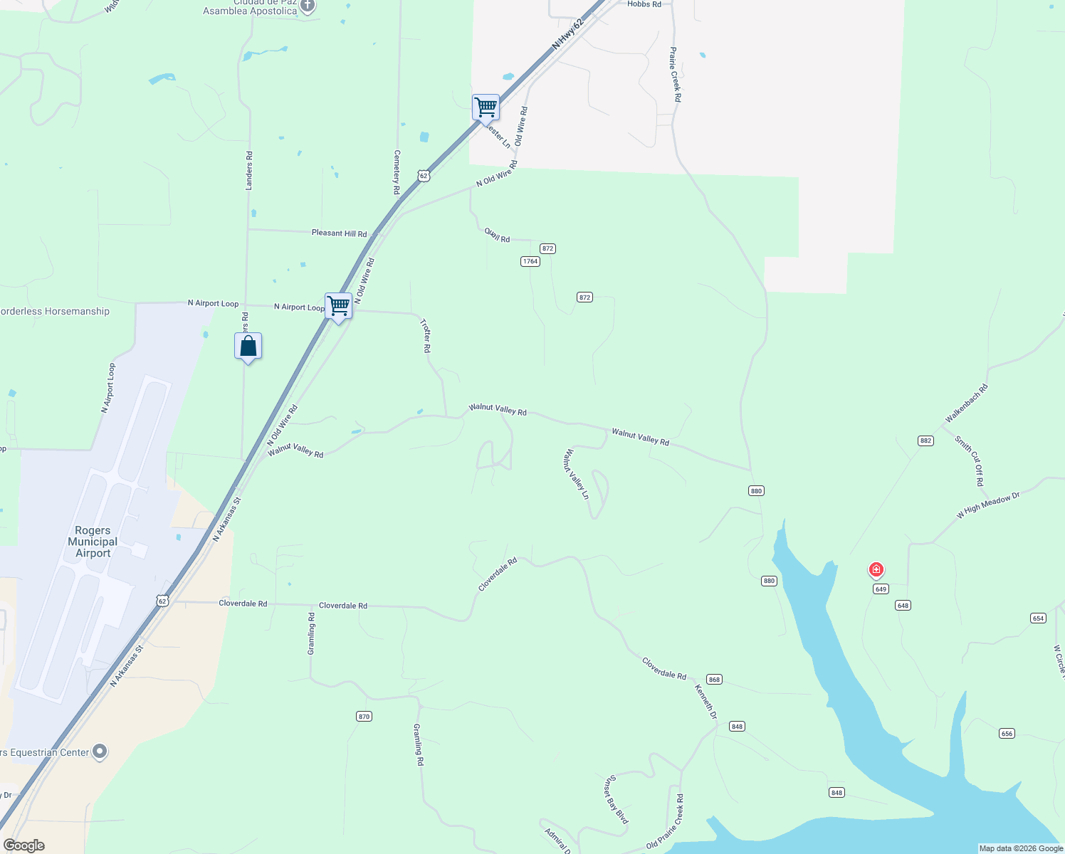 map of restaurants, bars, coffee shops, grocery stores, and more near 13503 Walnut Valley Road in Rogers