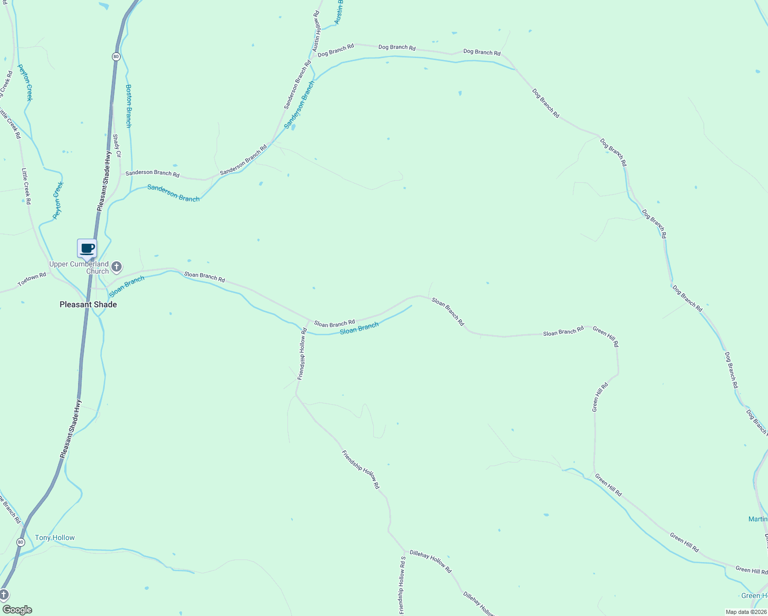 map of restaurants, bars, coffee shops, grocery stores, and more near 132 Sloan Branch Road in Pleasant Shade