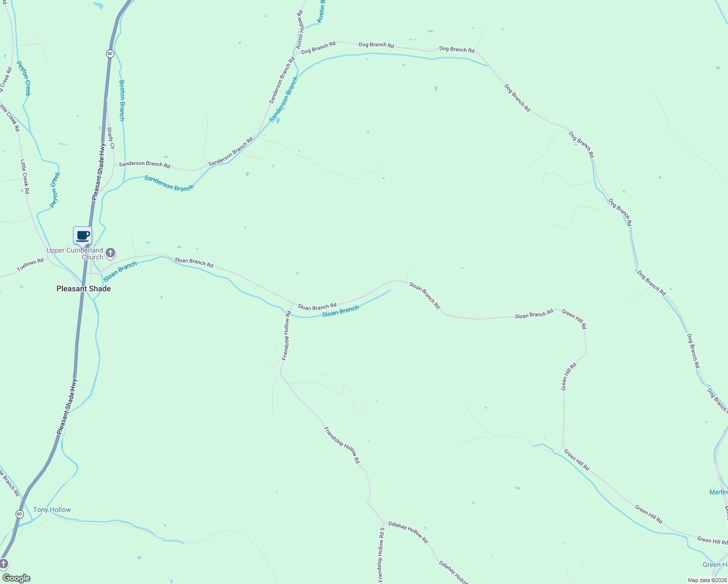 map of restaurants, bars, coffee shops, grocery stores, and more near 153 Sloan Branch Road in Pleasant Shade