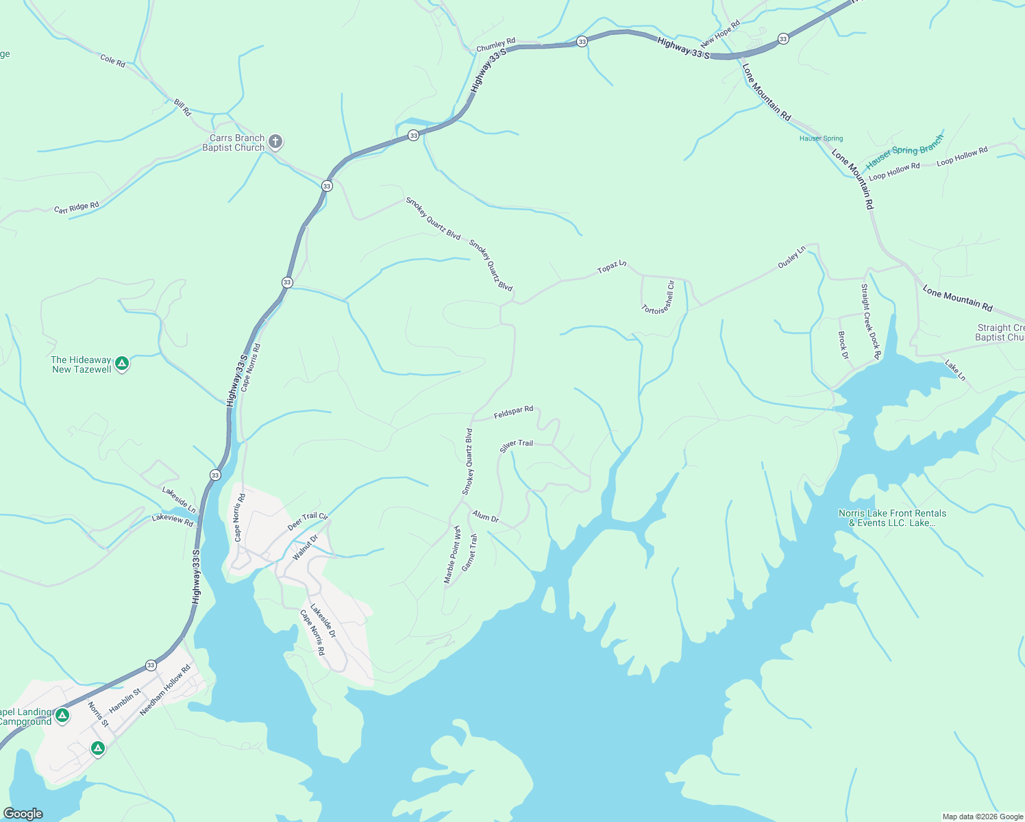 map of restaurants, bars, coffee shops, grocery stores, and more near Feldspar Rd in New Tazewell