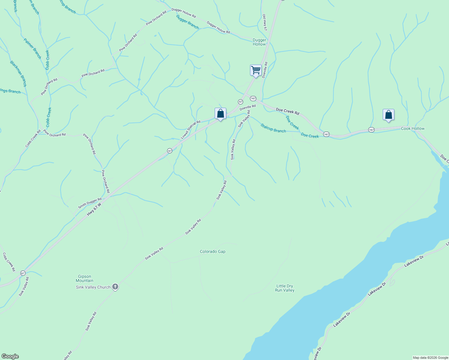 map of restaurants, bars, coffee shops, grocery stores, and more near 5571-6565 Sink Valley Road in Johnson