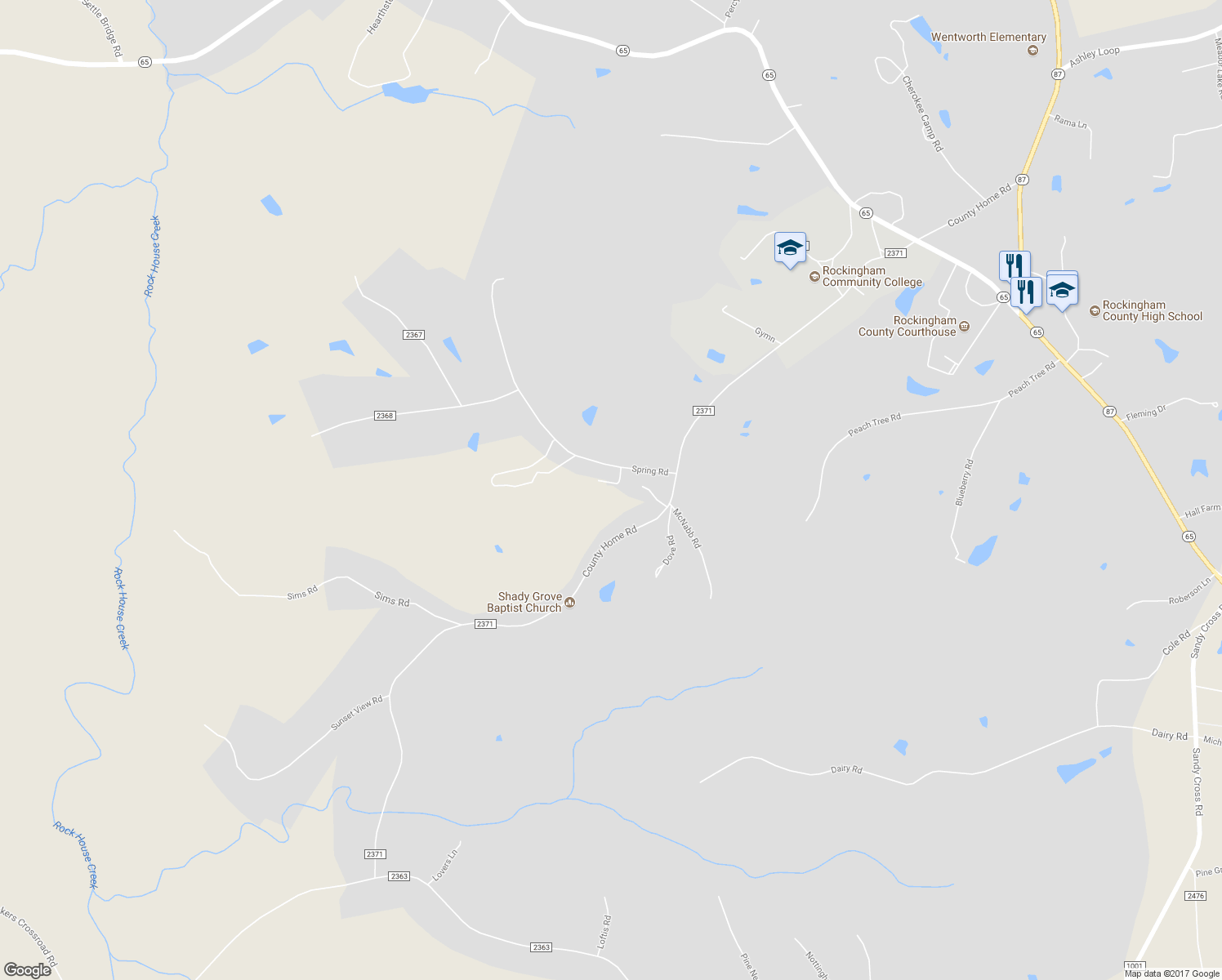 map of restaurants, bars, coffee shops, grocery stores, and more near 111 Douglas Lane in Reidsville