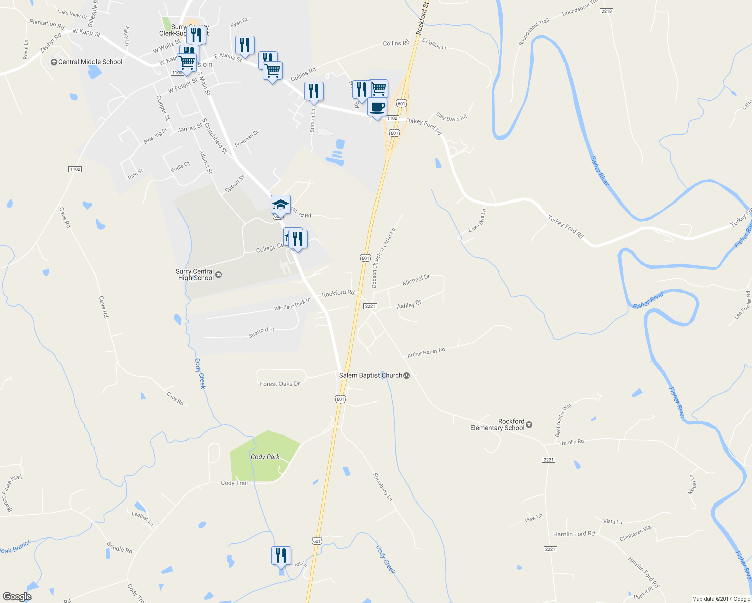 map of restaurants, bars, coffee shops, grocery stores, and more near 114 Dobson Church of Christ Road in Dobson