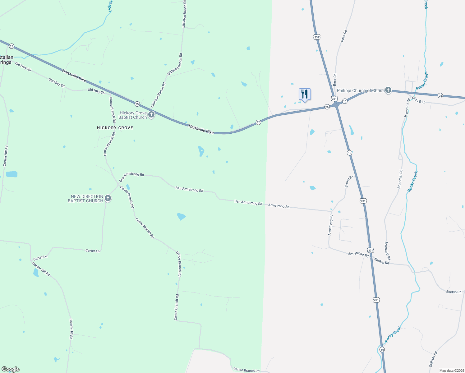 map of restaurants, bars, coffee shops, grocery stores, and more near 335 Ben Armstrong Road in Castalian Springs