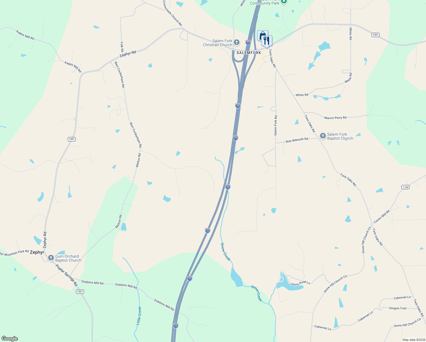 map of restaurants, bars, coffee shops, grocery stores, and more near 846 Bert Cockerham Road in Elkin