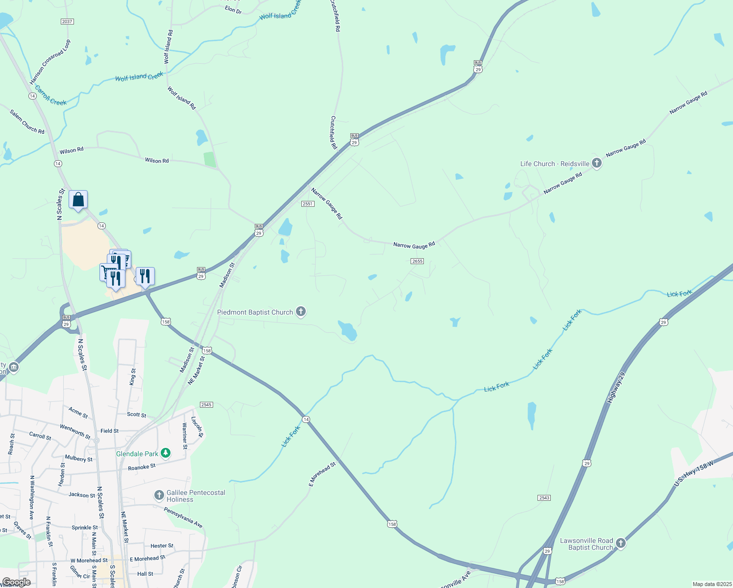 map of restaurants, bars, coffee shops, grocery stores, and more near 140 Vivian Lane in Reidsville
