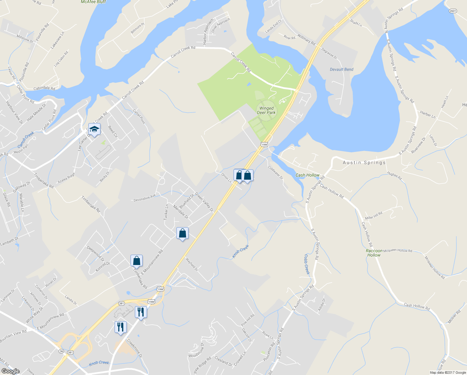 map of restaurants, bars, coffee shops, grocery stores, and more near Bristol Highway in Johnson City