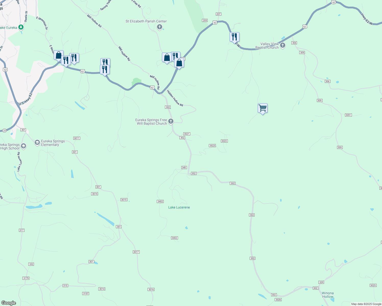 map of restaurants, bars, coffee shops, grocery stores, and more near 136 County Road 302 in Eureka Springs