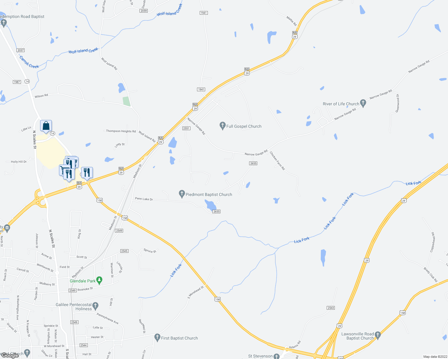 map of restaurants, bars, coffee shops, grocery stores, and more near 140 Vivian Lane in Reidsville