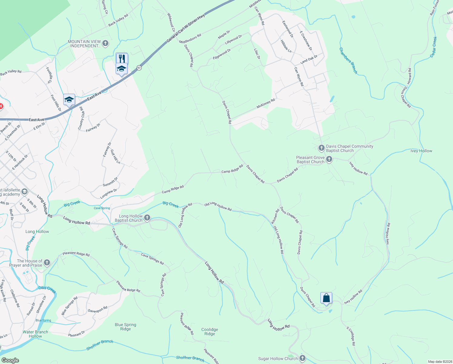 map of restaurants, bars, coffee shops, grocery stores, and more near 640 Camp Ridge Road in LaFollette