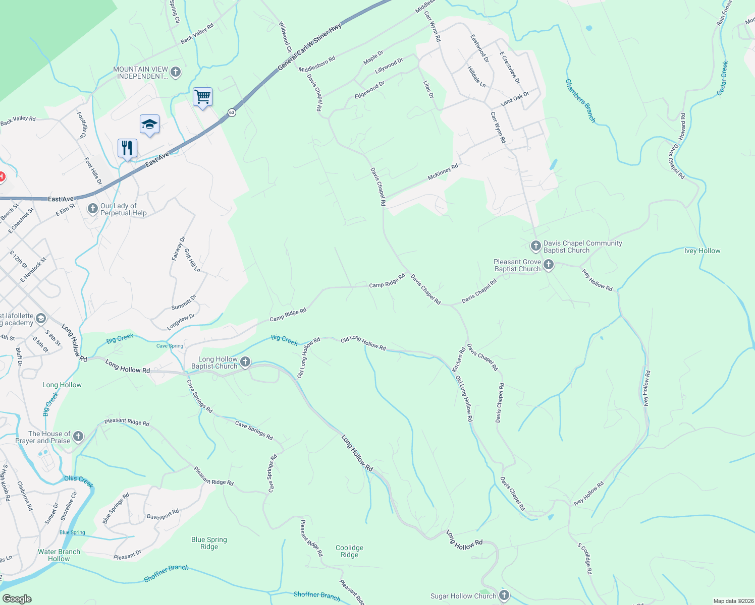 map of restaurants, bars, coffee shops, grocery stores, and more near 640 Camp Ridge Road in LaFollette