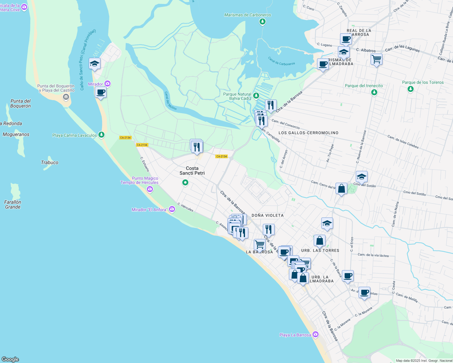 map of restaurants, bars, coffee shops, grocery stores, and more near 1B Calle Río de Janeiro in Chiclana de la Frontera