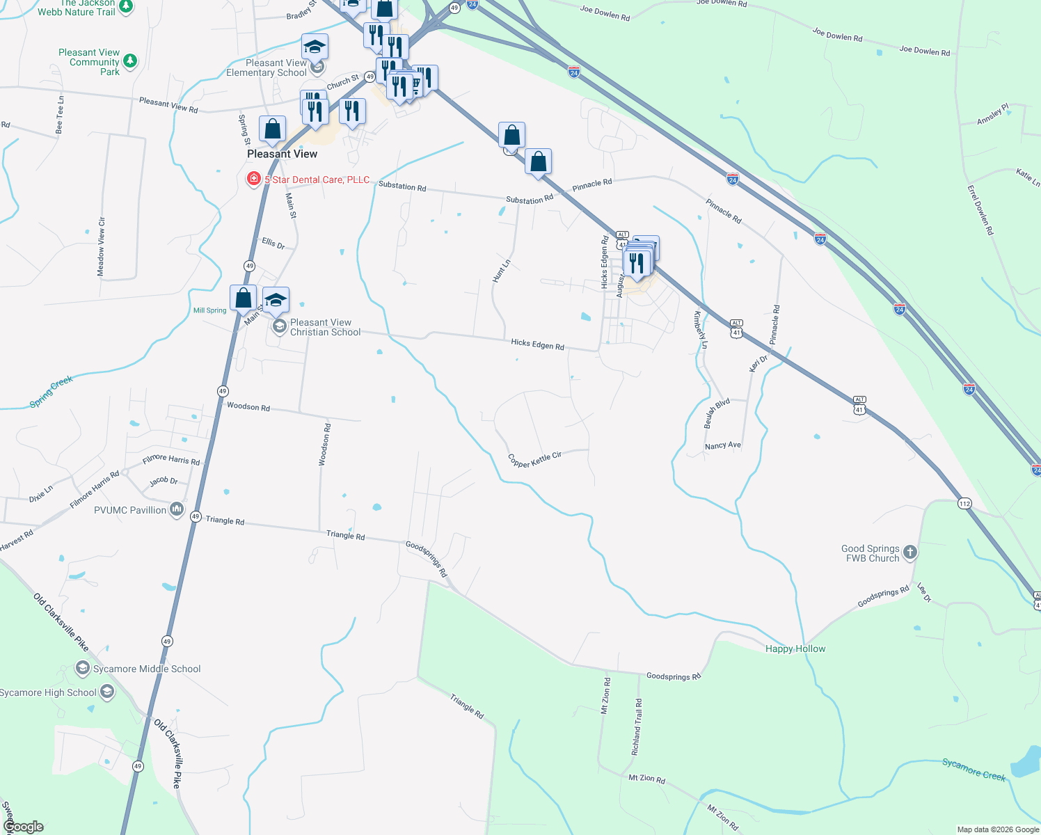 map of restaurants, bars, coffee shops, grocery stores, and more near 1004 Ridge View Dr in Pleasant View