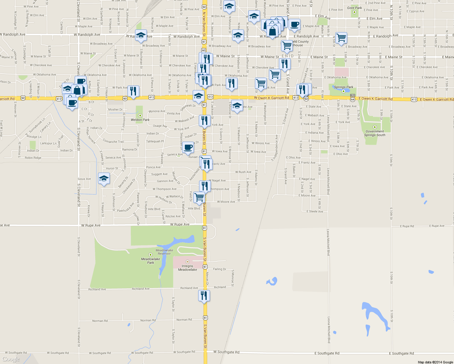 map of restaurants, bars, coffee shops, grocery stores, and more near 709 West Nagel Avenue in Enid