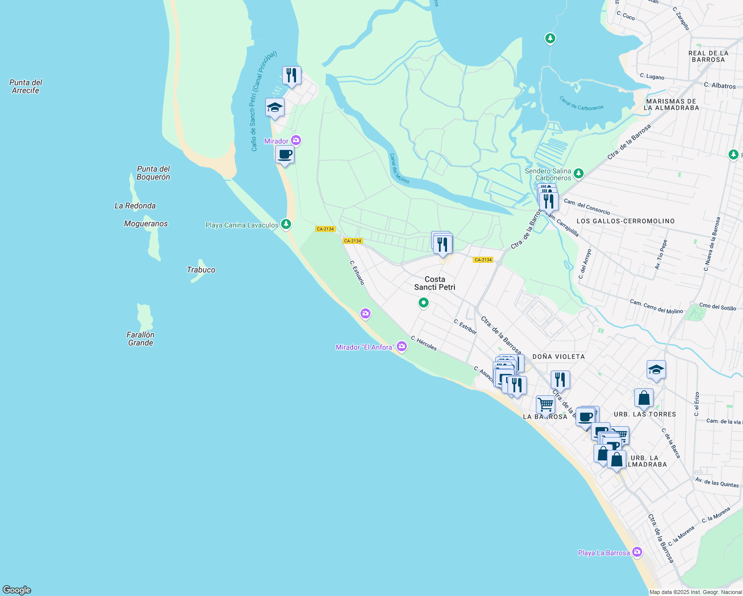 map of restaurants, bars, coffee shops, grocery stores, and more near 30 Calle Hércules in Poblado de Sancti Petri