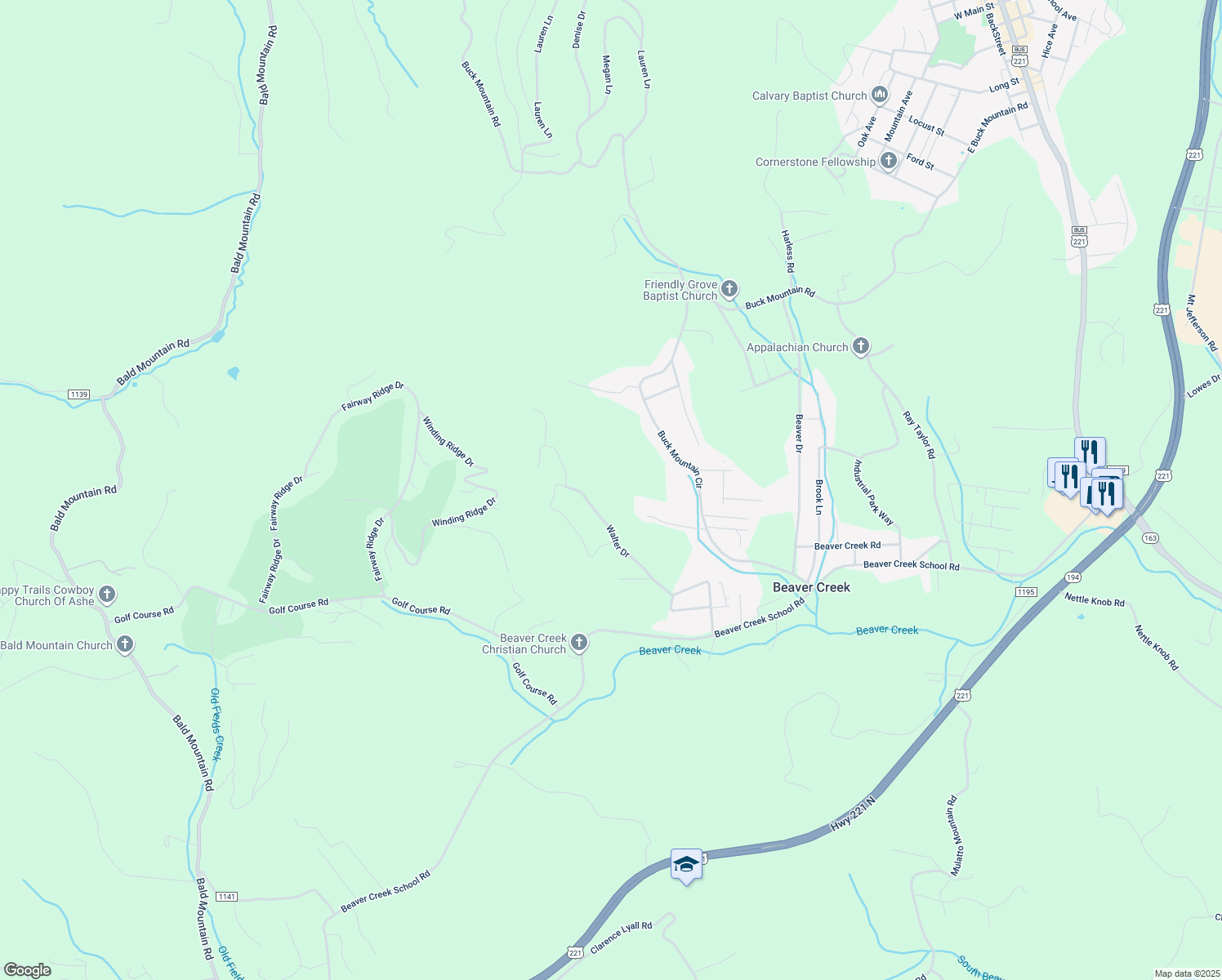map of restaurants, bars, coffee shops, grocery stores, and more near 284 Joe Lyalls Road in West Jefferson