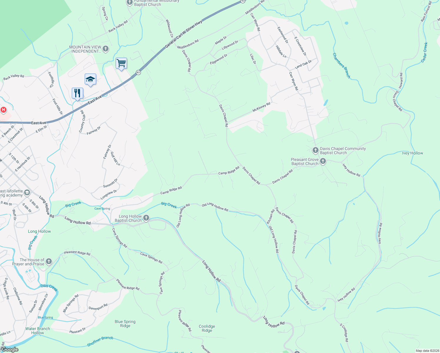 map of restaurants, bars, coffee shops, grocery stores, and more near 640 Camp Ridge Road in LaFollette