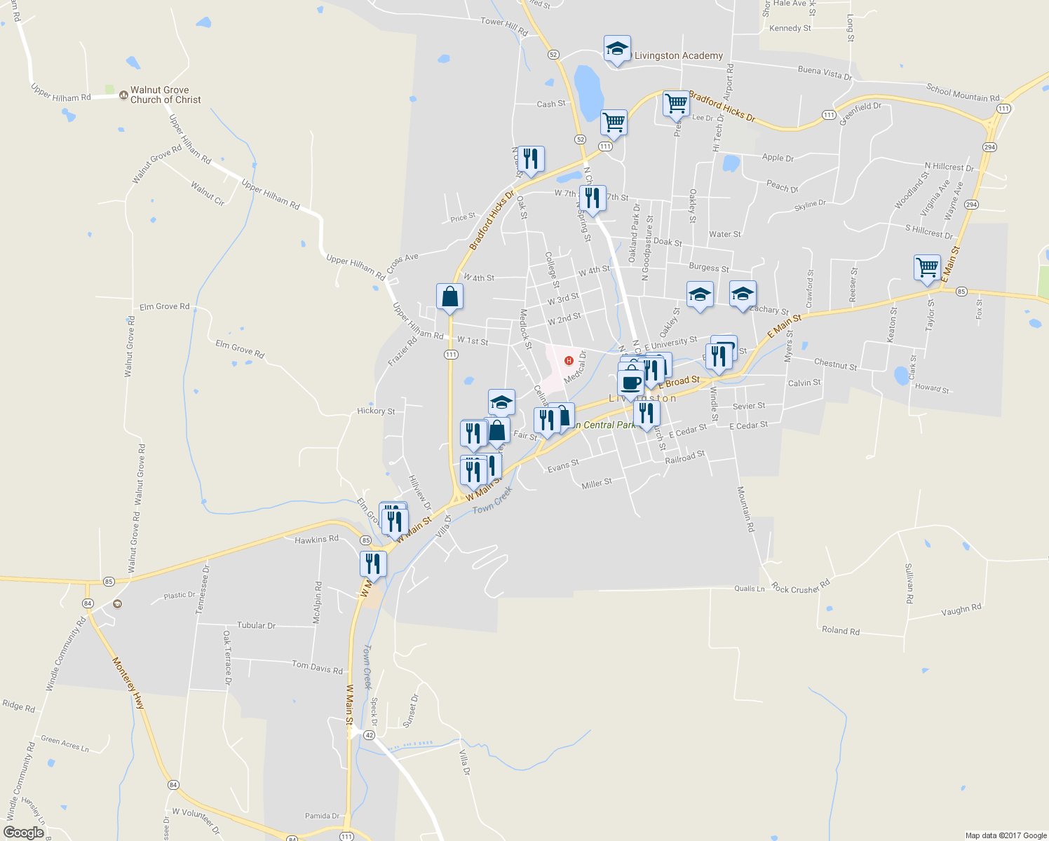 map of restaurants, bars, coffee shops, grocery stores, and more near Willow Place in Livingston
