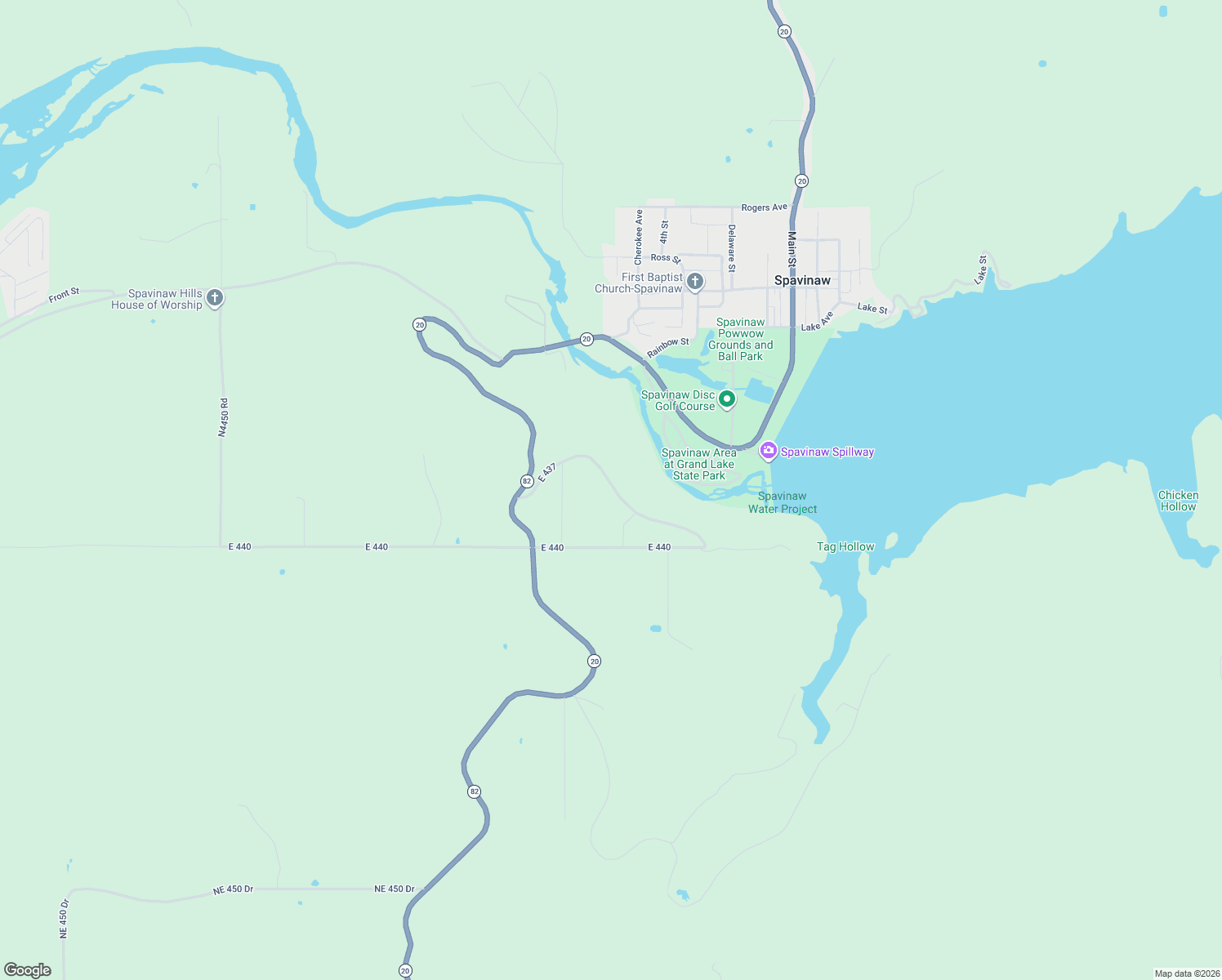 map of restaurants, bars, coffee shops, grocery stores, and more near 403 East 437 in Spavinaw