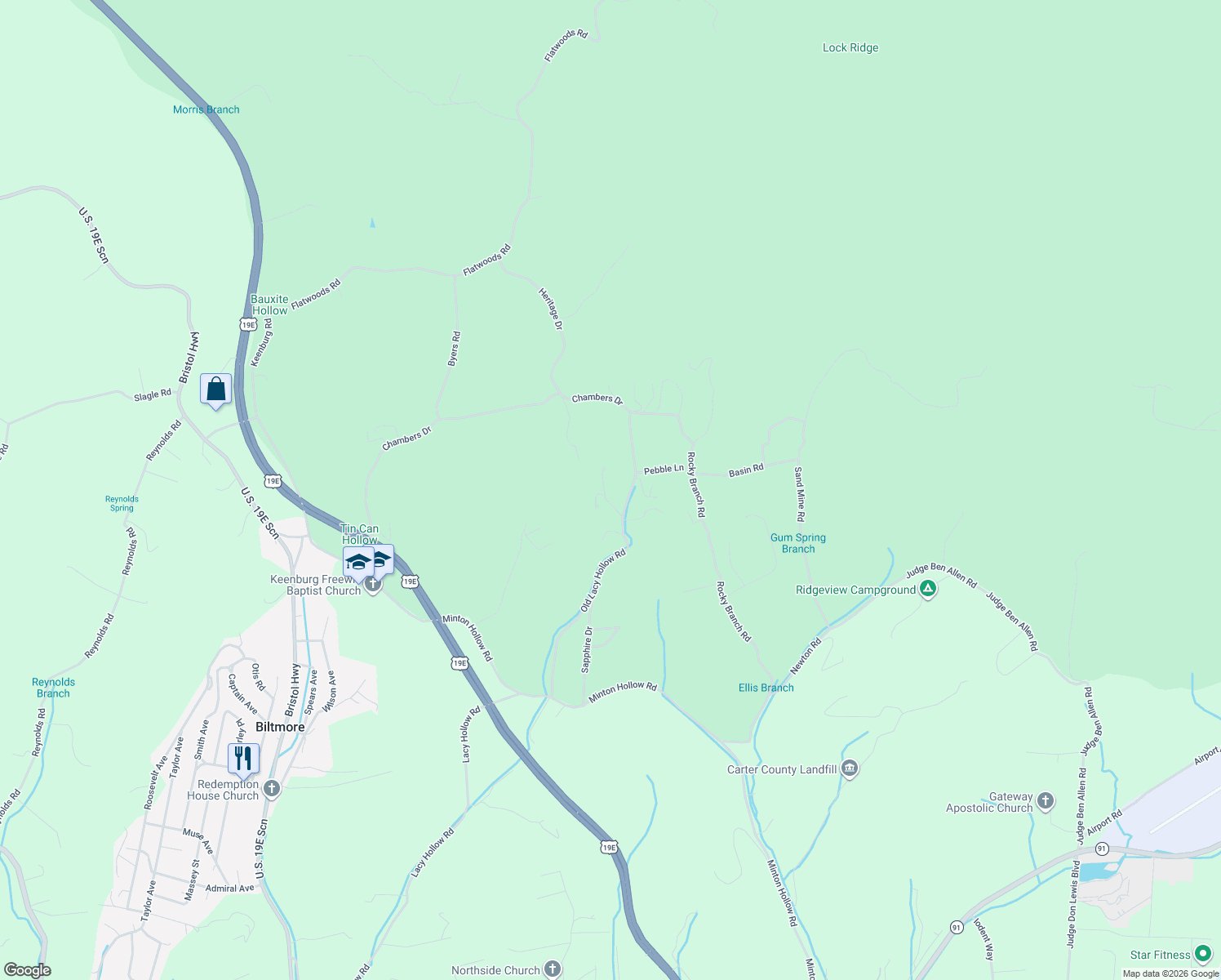 map of restaurants, bars, coffee shops, grocery stores, and more near 239 Old Lacy Hollow Road in Elizabethton